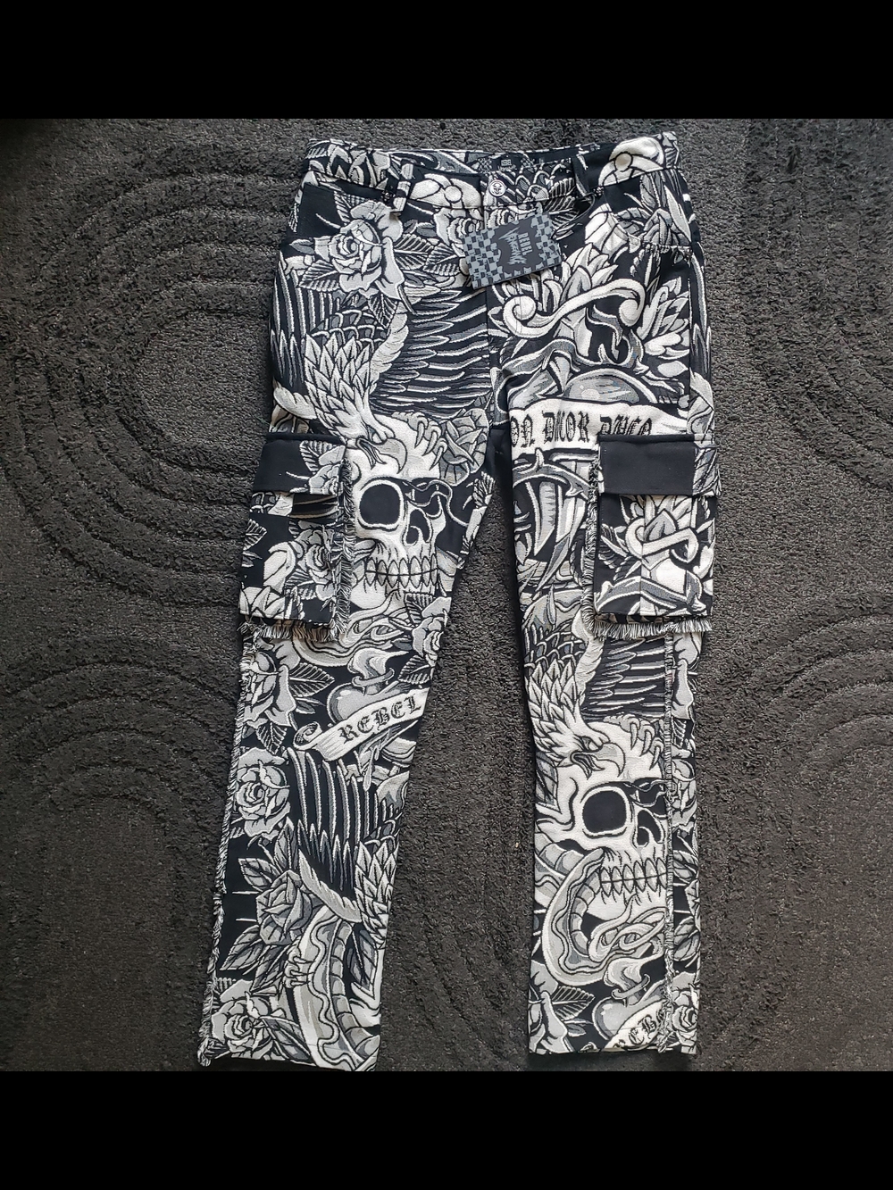 NWT Rebel Vengeance Skull Eagle Thick Tapestry Cargo Black Pants Men Size 36x32